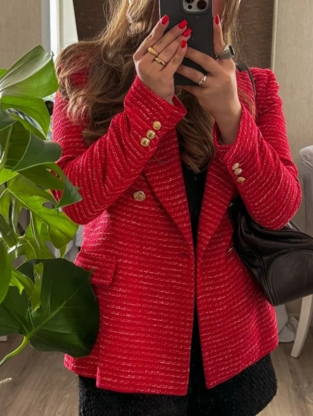 Zara * Textured Tweed Double Breasted Blazer Red Size XS